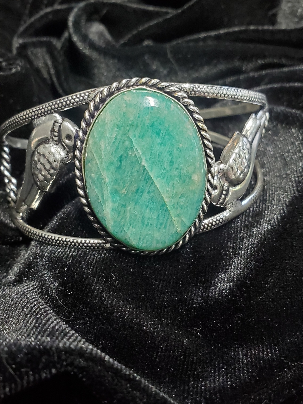 Sterling Silver Plated Bird Motiff Amazonite Cuff Bracelet - Turquoise Green